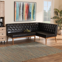 Baxton Studio BBT8051.13-Dark BrownWalnut-2PC SF Bench Baxton Studio Riordan Mid-Century Modern Dark Brown Faux Leather Upholstered and Walnut Brown Finished Wood 2-Piece Dining Nook Banquette Set